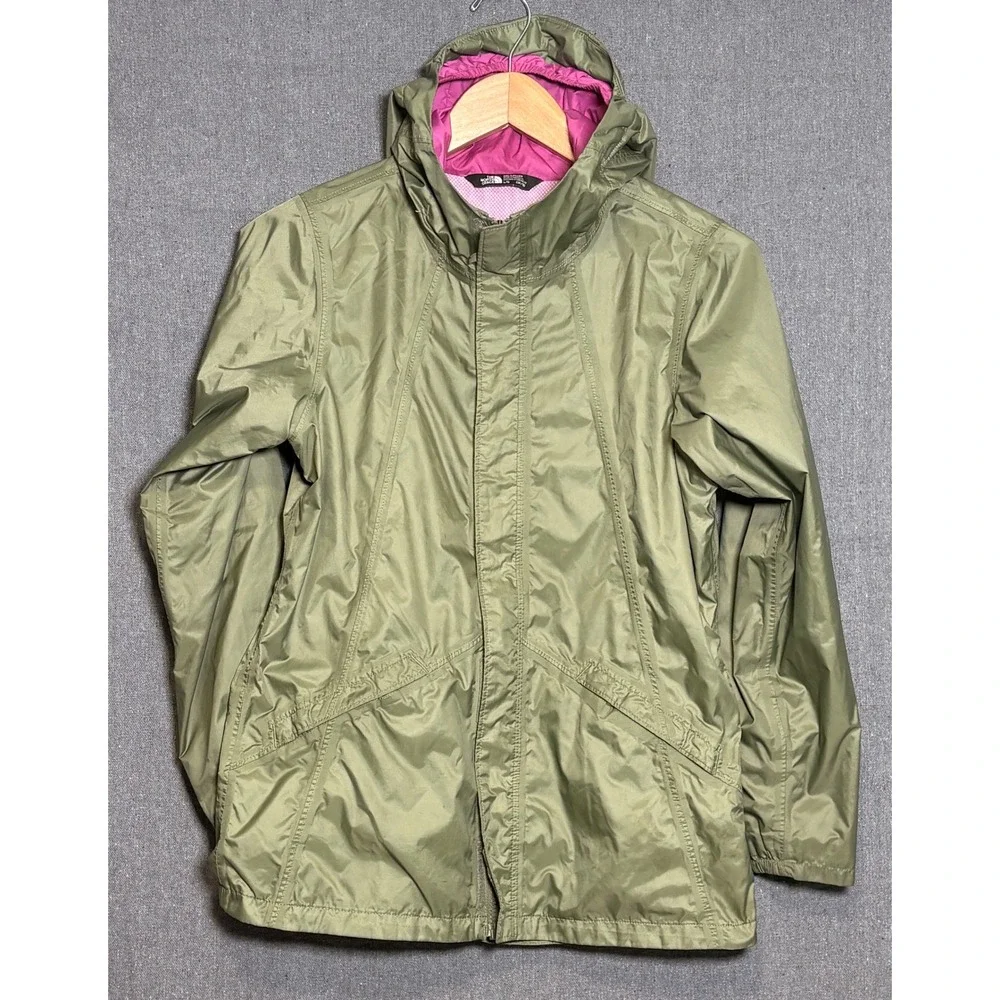 The North Face Girls Olive Green Pink Mesh Lined Hooded Rain Jacket Size L 14/16